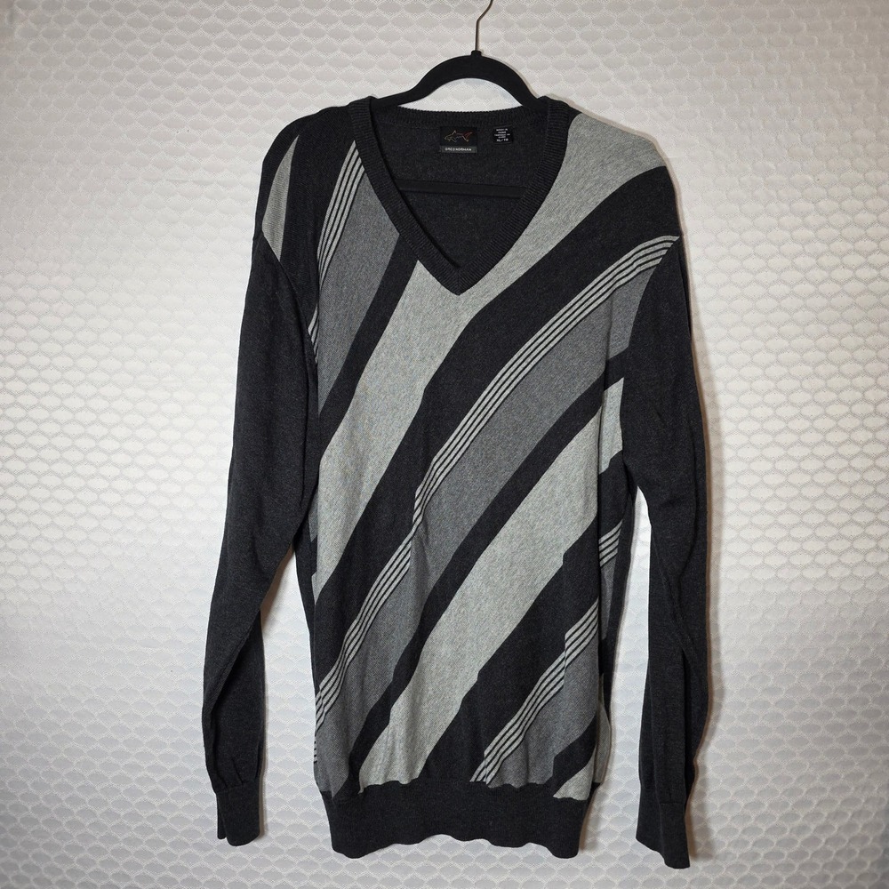 Greg Norman Mens XL V-Neck Sweater Charcoal Grey Diagonal Striped Cotton Modal